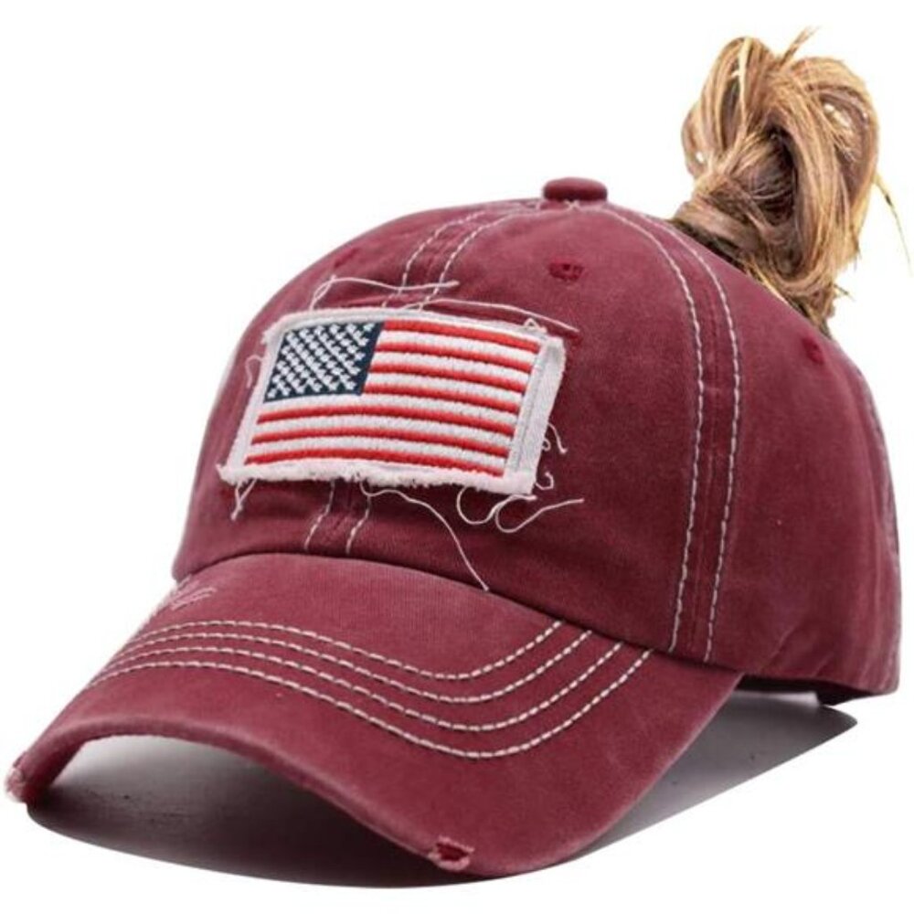 Women American Flag Ponytail Hat, Embroidery Adjustable Washed Distressed Messy